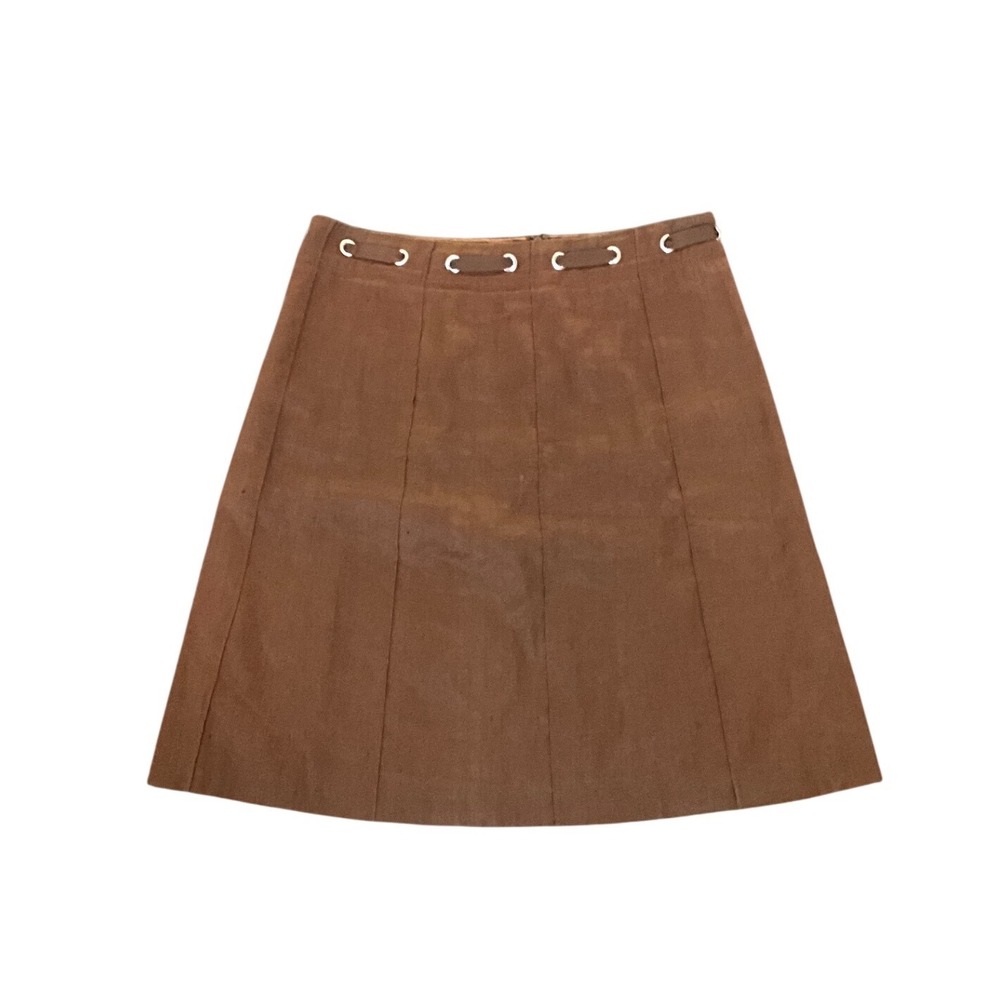 BCBGMAXAZRIA Linen Cotton Skirt Brown A Line Paneled Knee‎ Length Grommet Size 6
